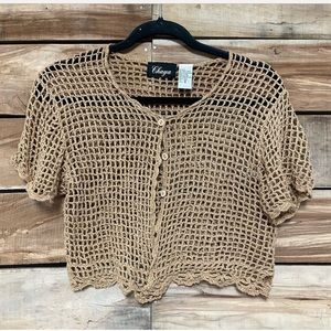 Chaya open knit tan sweater short sleeve cottagecore cardigan size vintage 14